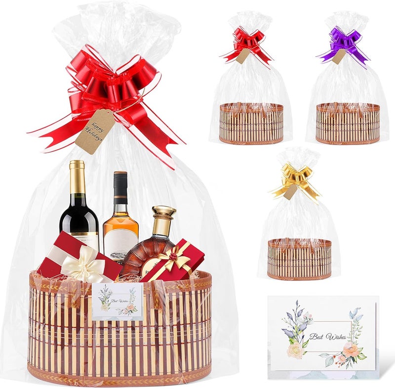 SelfTek 3 Pack Baskets for Gifts Empty, Woven Bamboo G-ift Basket Kit with Wrap Bags, Gift Card, Raffia and Pull Bows, Gifts Baskets for Birthday, Wedding, Christmas 30 x 20 x 15 cm - Image 1